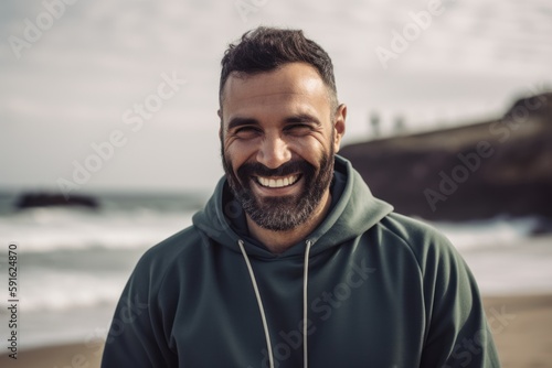 Portrait of handsome bearded man smiling and looking at camera on the beach
