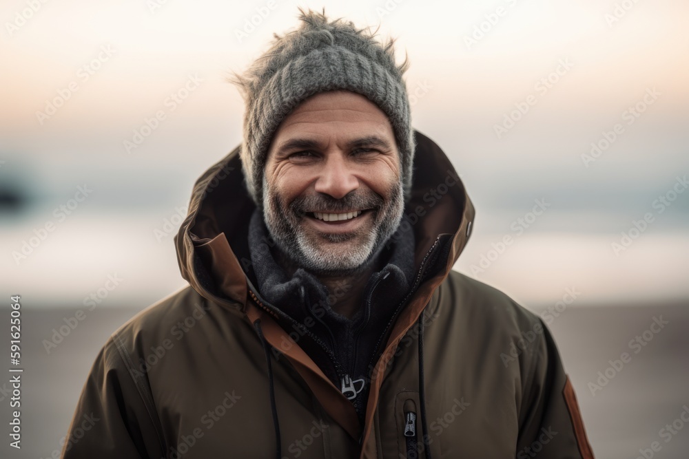 Portrait of happy senior man in warm jacket and hat on the beach. Portrait of happy senior man in warm jacket and hat on the beach.