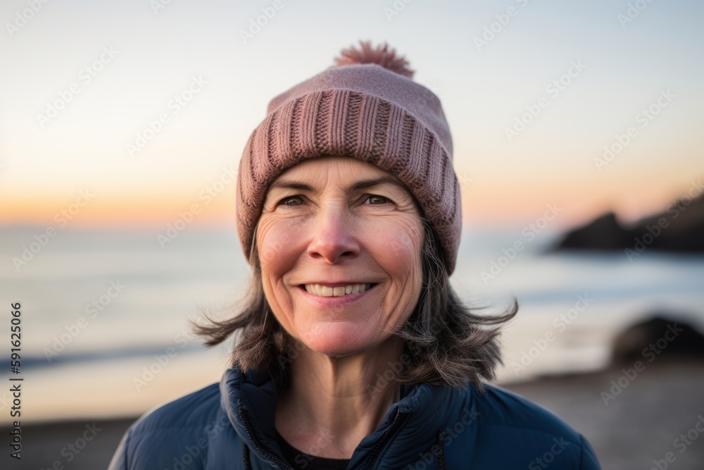 Portrait of smiling mature woman in winter hat on the beach at sunset Portrait of smiling mature woman in winter hat on the beach at sunset