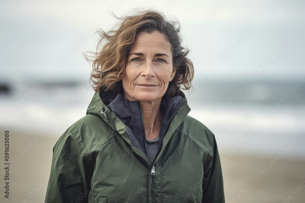 Portrait Of Mature Woman Wearing Raincoat On Winter Beach Portrait Of Mature Woman Wearing Raincoat On Winter Beach