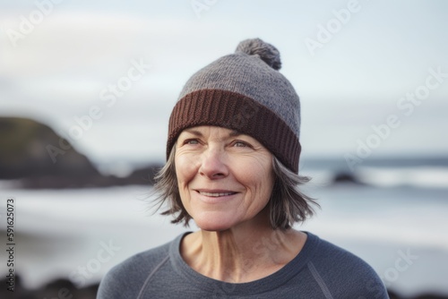 Portrait of smiling senior woman wearing hat on the beach in winter