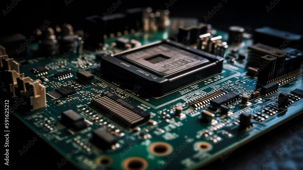PU chip on circuit board. Black motherboard with central processor chip. Computer hardware tecnology, Generative Ai PU chip on circuit board. Black motherboard with central processor chip. Computer hardware tecnology, Generative Ai