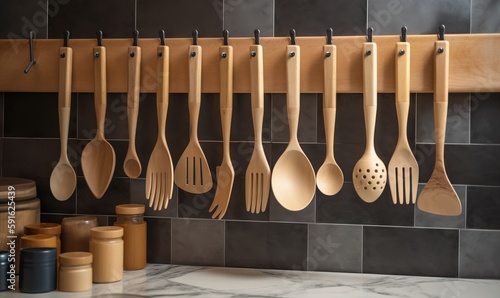  a bunch of wooden spoons hanging on a wall next to jars. generative ai