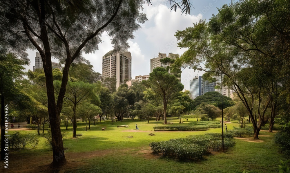 a park with trees, grass and buildings in the background. generative ai a park with trees, grass and buildings in the background. generative ai