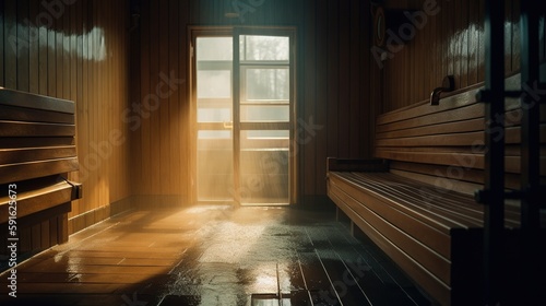 Water filling up the whole room of a small modern sauna. Generative AI.