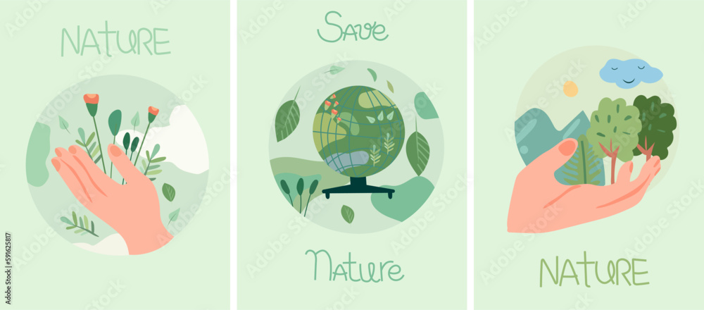 The concept of nature conservation and ecology. Nature as a source of energy for man. Planet earth in the hands of man. Green planet, earth day. Suitable for social posters, cards, logos, banner