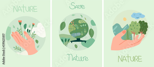 The concept of nature conservation and ecology. Nature as a source of energy for man. Planet earth in the hands of man. Green planet  earth day. Suitable for social posters  cards  logos  banner