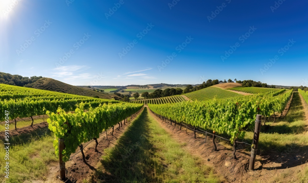  a vineyard with rows of green vines in the foreground.  generative ai
