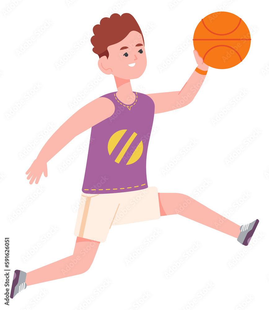Cheerful boy playing basketball. Active kid with ball