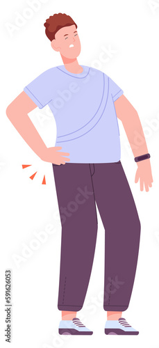 Young man with hurting back. Spine pain icon