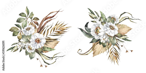 Set of watercolor floral arrangements. Wedding bouquets Save the date. White flowers, dried and green leaves. Summer Botanical png illustration for birthday card, invitation and logo composition. © AnasteZia