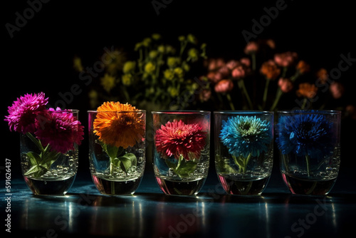 flowers in different glasses at night Generative AI