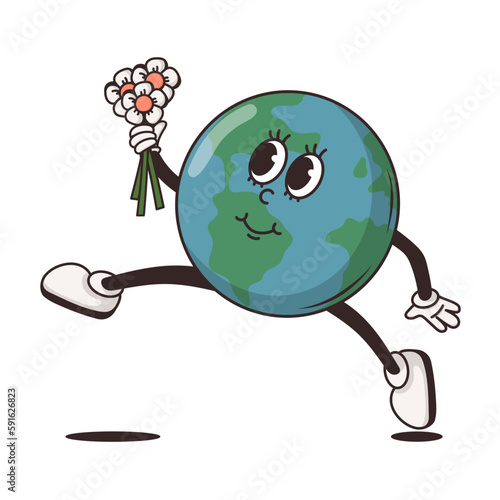 Groovy cartoon character funny happy Earth. Earth day concept. World Environment Day. Isolared vector illustration. Hippie 60s, 70s style. Earth and flower in groovy style