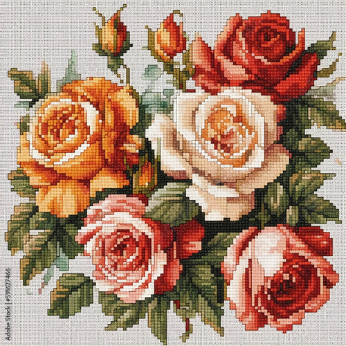 Cross stitch pattern of roses, AI generated illustration 