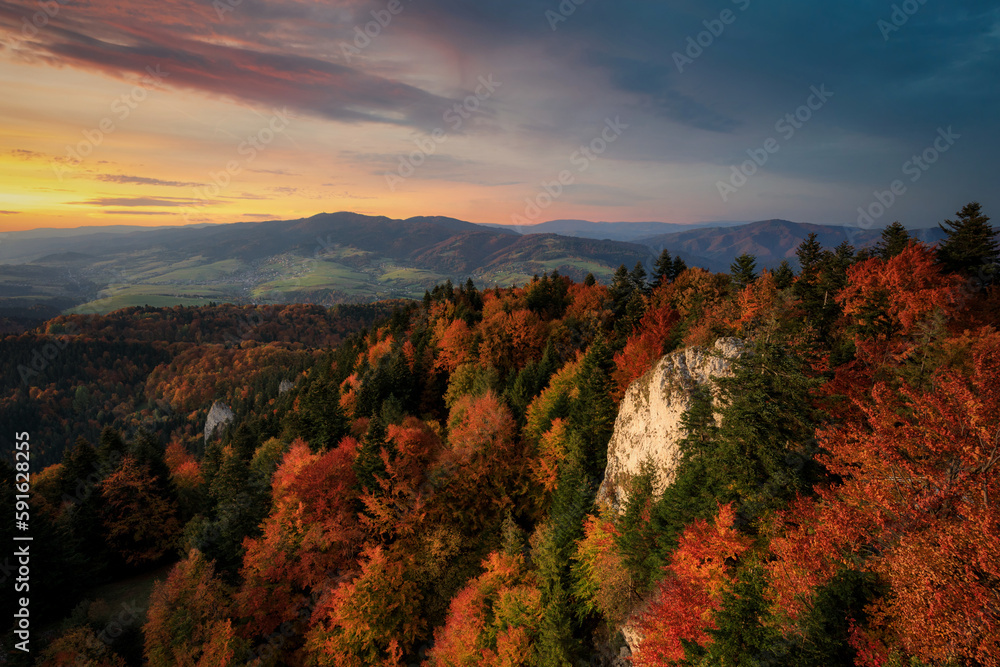 A beautiful sunset in the Pieniny Mountains at autumn. Poland