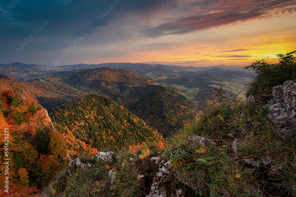 A beautiful sunset in the Pieniny Mountains at autumn. Poland