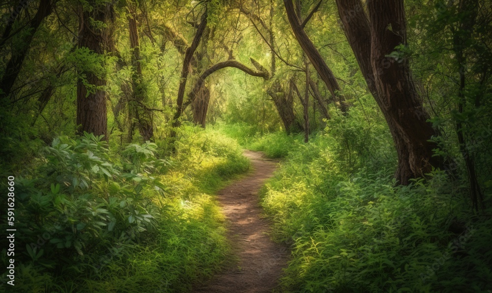 Naklejka premium a path through a forest with lots of trees and bushes. generative ai