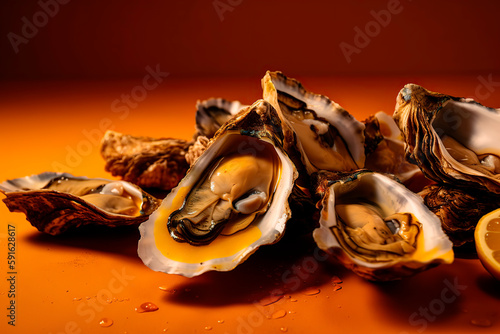 Fresh oysters on yellow background