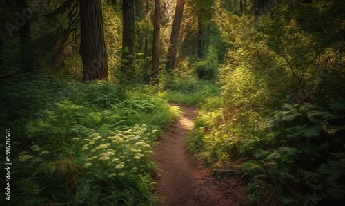  a path through a forest with tall trees and green plants. generative ai