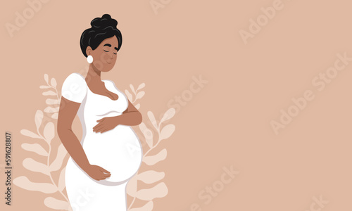 Healthy pregnancy banner. Beautiful pregnant black woman hugs her belly. The concept of pregnancy and motherhood. Healthy pregnancy. Vector illustration in cute cartoon style.