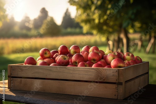 Crate Of Red Apples On Wooden Harvest Table. AI generated