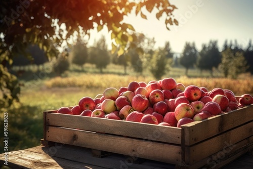 Crate Of Red Apples On Wooden Harvest Table. AI generated