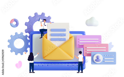 3d Subscribe now to our newsletter with tiny people with envelope and newsletter Buttons template Subscribe, submit Send by mail Follow me Business model content Minimal 3D rendering illustration