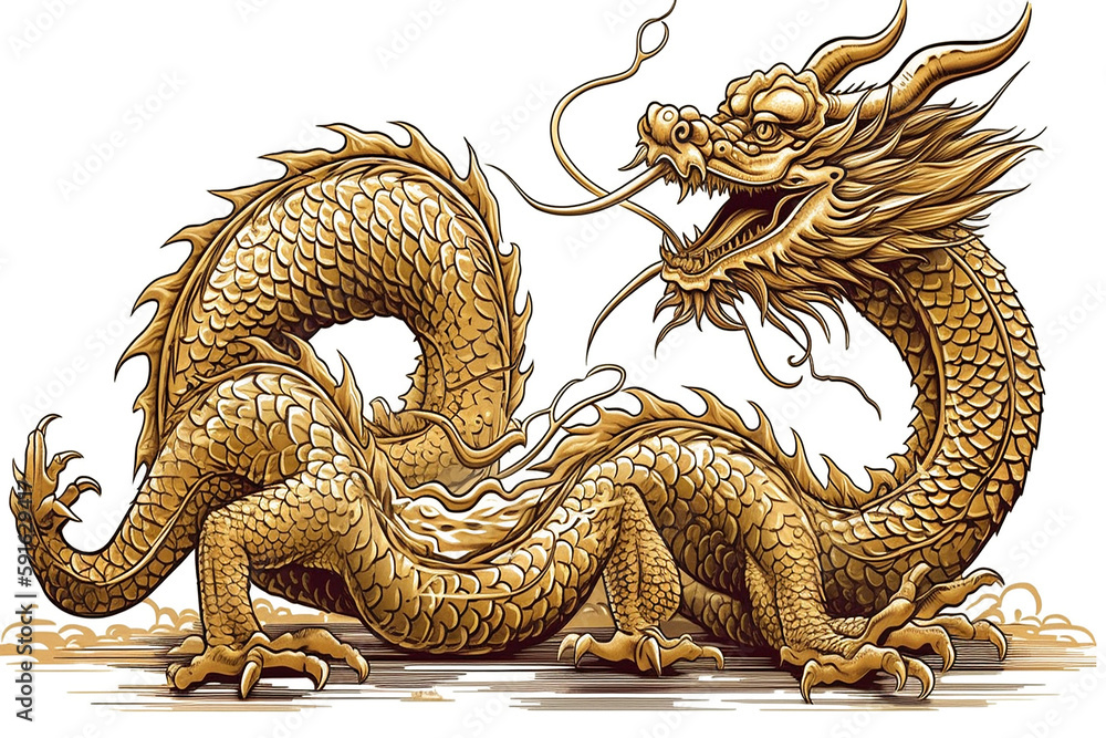 Fototapeta premium Traditional Chinese golden Dragon Vector Illustration isolation on transparent background. Generative AI