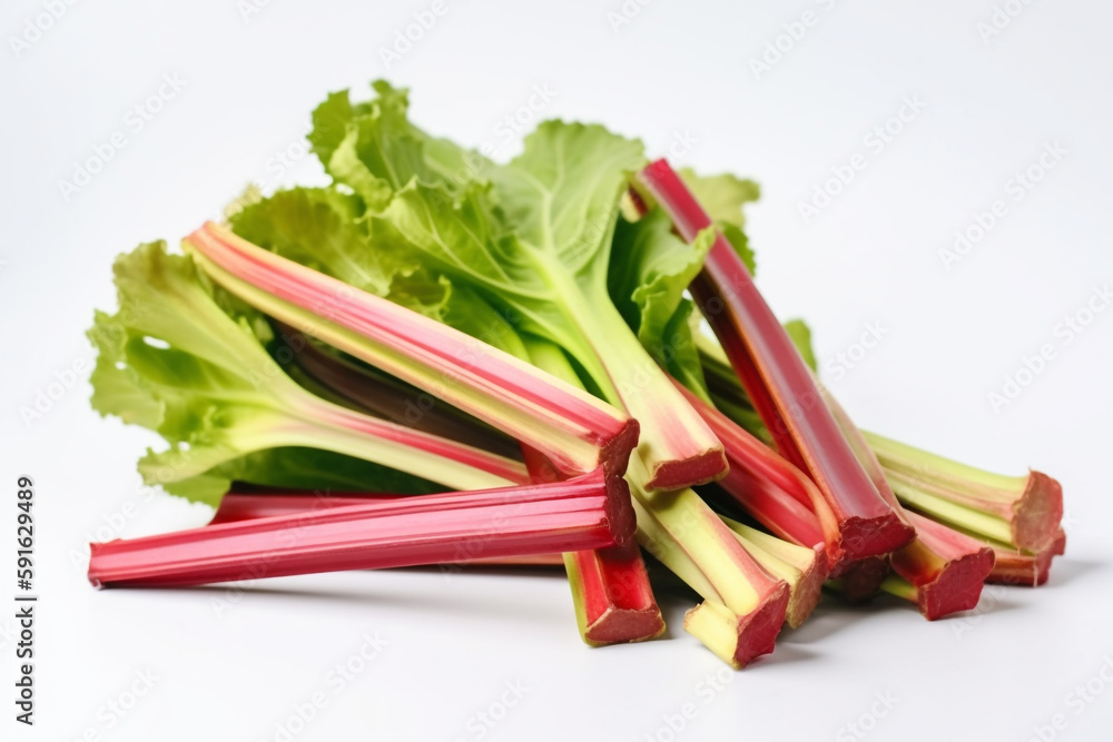 A bunch of rhubarb is on a white background. A bunch of rhubarb is on a white background.