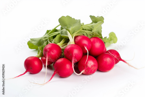 A bunch of radishes with green leaves on top