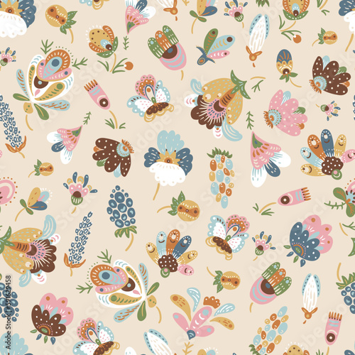 Boho fantasy flowers seamless pattern, folk floral texture