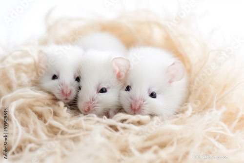 Three white rats in a nest