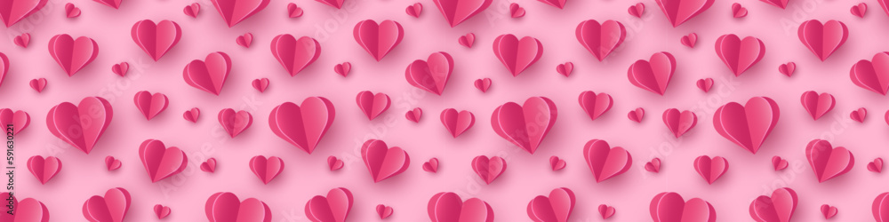 Paper cut hearts flying on pink background. Seamless texture. Concept of design for Valentine’s Day, Mother’s Day and Women’s Day. Banner. Vector illustration