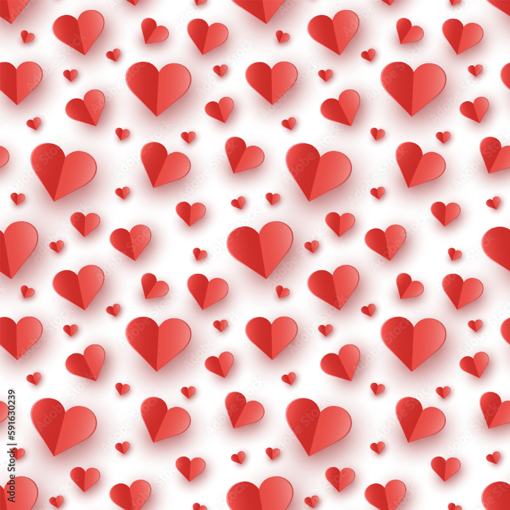 Paper cut hearts flying on white background. Seamless texture. Concept of design for Valentine’s Day, Mother’s Day and Women’s Day. Vector illustration