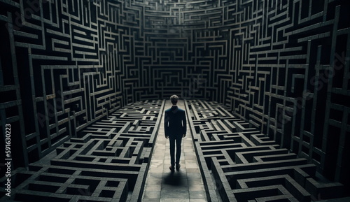 A business man standing inside a large labyrinth. Based on Generative Ai.