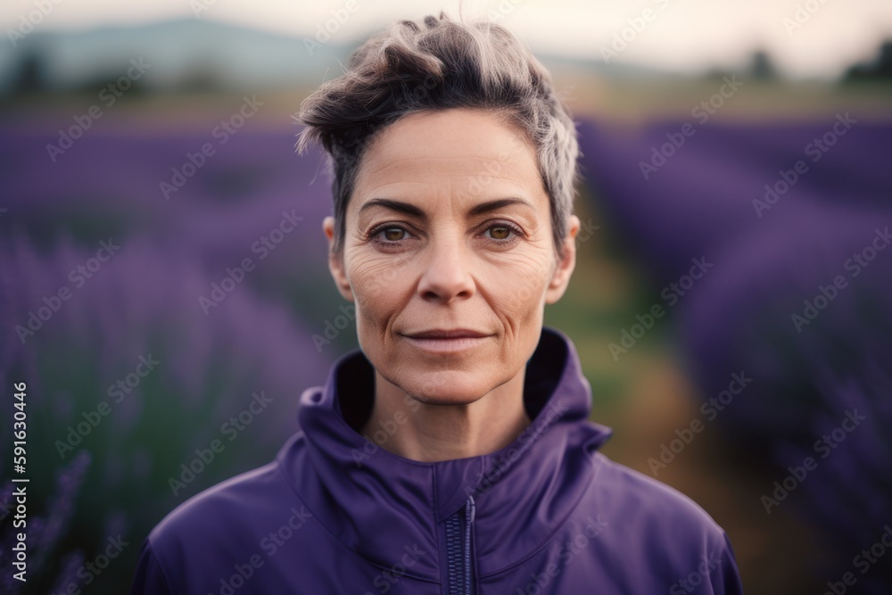 Portrait of mature woman standing in lavender field, looking at camera.