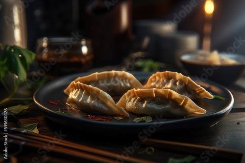 Gyoza on plate and table. AI generated