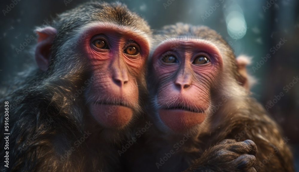 Obraz premium Portrait of two monkeys hugging. Based on Generative Ai.
