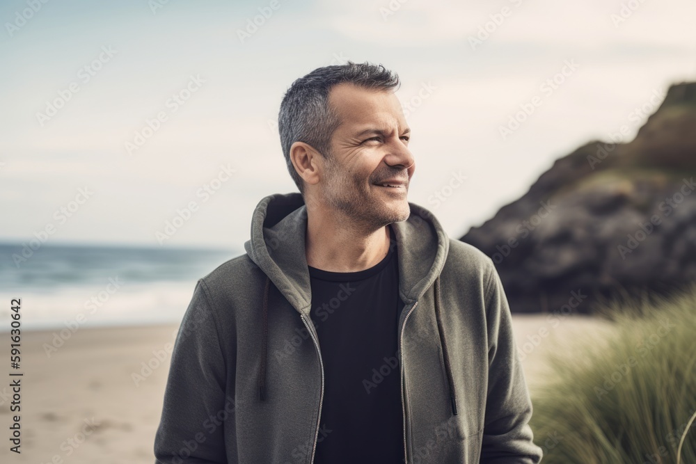 Portrait of handsome middle-aged man smiling and looking away on beach Portrait of handsome middle-aged man smiling and looking away on beach