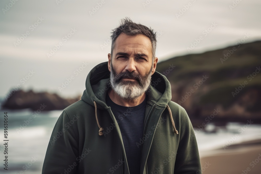 Portrait of senior man with grey beard wearing green hoodie standing on the beach Portrait of senior man with grey beard wearing green hoodie standing on the beach