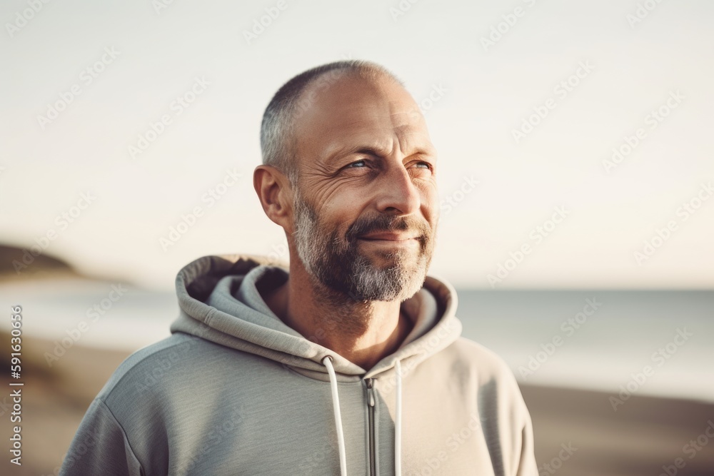 Portrait of mature man in sportswear looking away while standing on beach Portrait of mature man in sportswear looking away while standing on beach