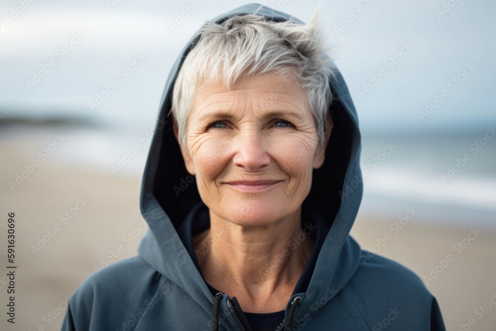 Portrait of smiling senior woman standing on beach at the day time Portrait of smiling senior woman standing on beach at the day time
