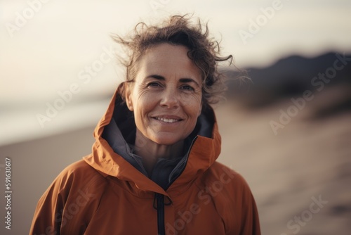 Portrait of smiling middle aged woman with curly hair in a warm jacket on the beach