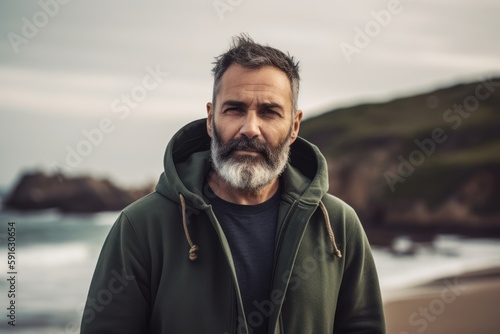 Portrait of senior man with grey beard wearing green hoodie standing on the beach