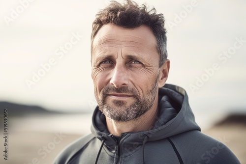 Portrait of a handsome middle-aged man in wetsuit looking at camera outdoors
