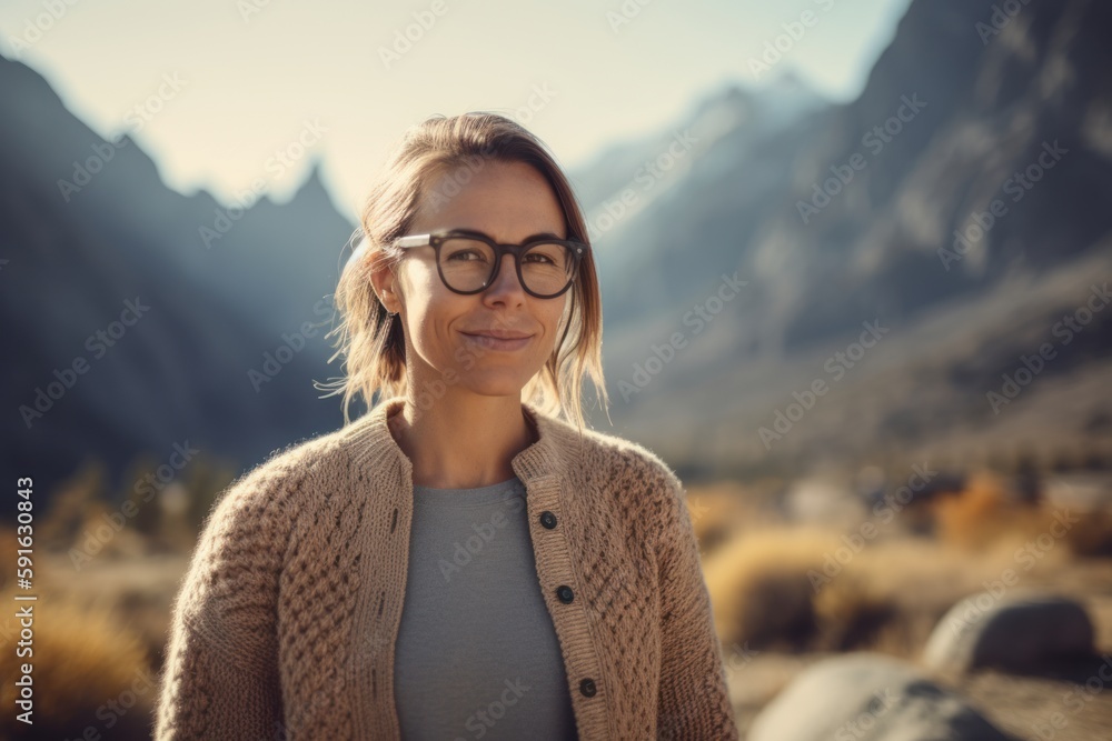 Portrait of a beautiful young woman with eyeglasses on the background of the mountains Portrait of a beautiful young woman with eyeglasses on the background of the mountains