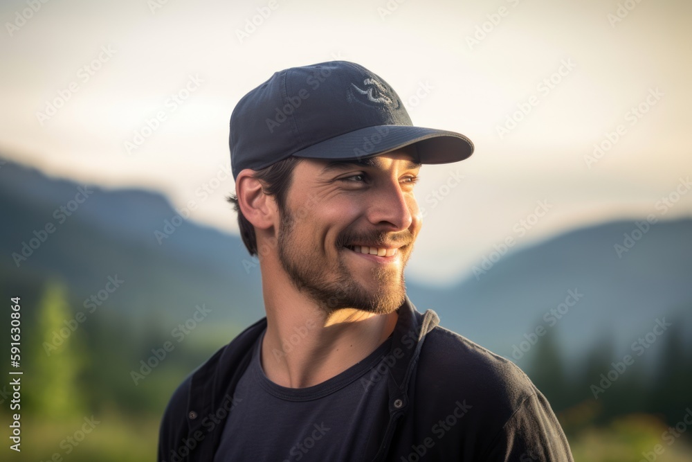Portrait of a handsome young man in a cap and t-shirt smiling at the camera while standing in the mountains.
