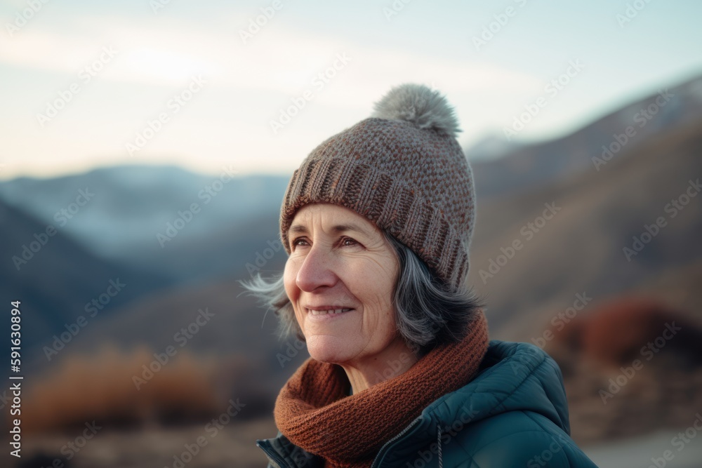 Portrait of a senior woman in a hat and scarf on the background of mountains Portrait of a senior woman in a hat and scarf on the background of mountains
