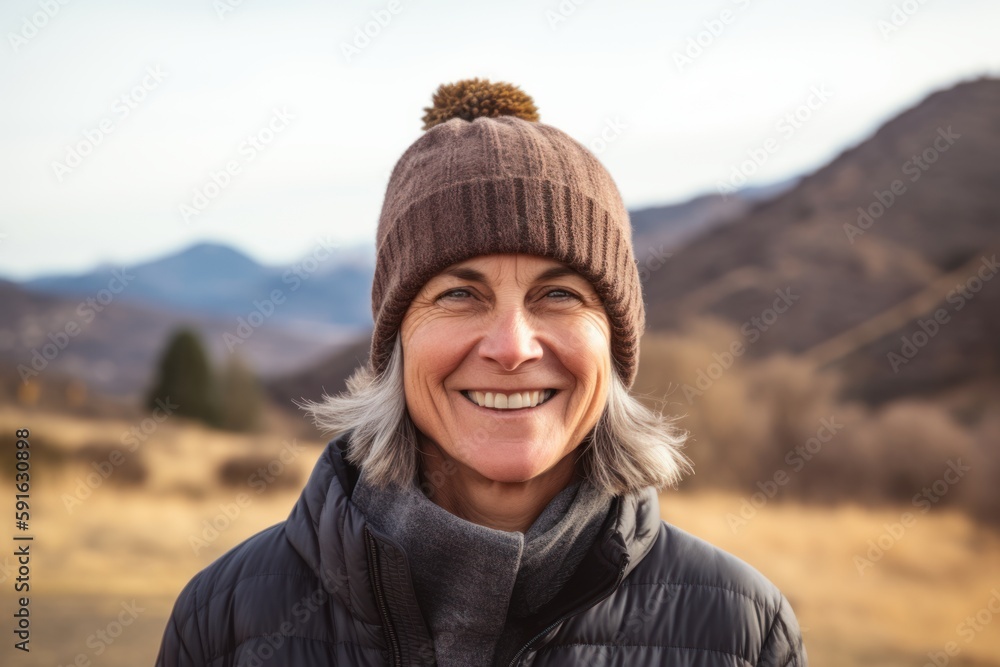 Portrait of a smiling senior woman standing in the countryside looking at camera Portrait of a smiling senior woman standing in the countryside looking at camera