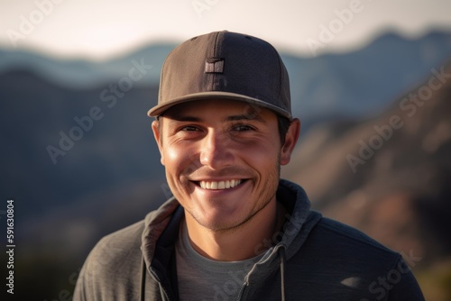 Portrait of a smiling young man wearing baseball cap in the mountains © Robert MEYNER